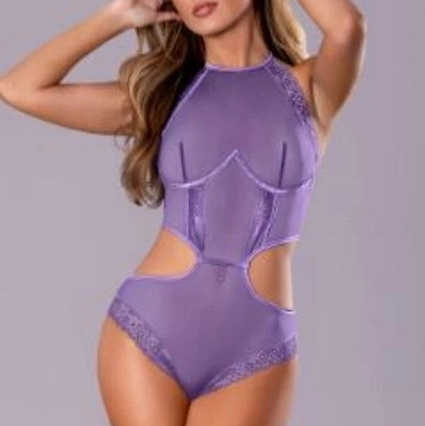Light purple teddy that has panty style bottoms, a halter top that connect in an hour glass shape at the front abdomen.