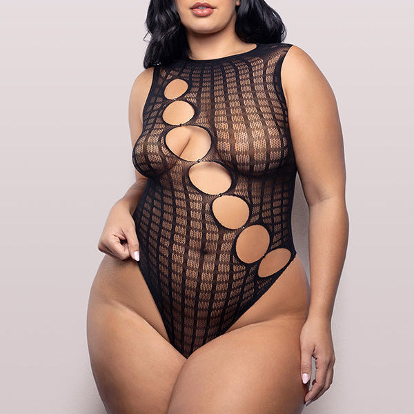 A black stretch-to-fit body stocking style teddy, with openings in the mesh that run in a diagonal from shoulder to hip.