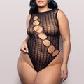 A black stretch-to-fit body stocking style teddy, with openings in the mesh that run in a diagonal from shoulder to hip.