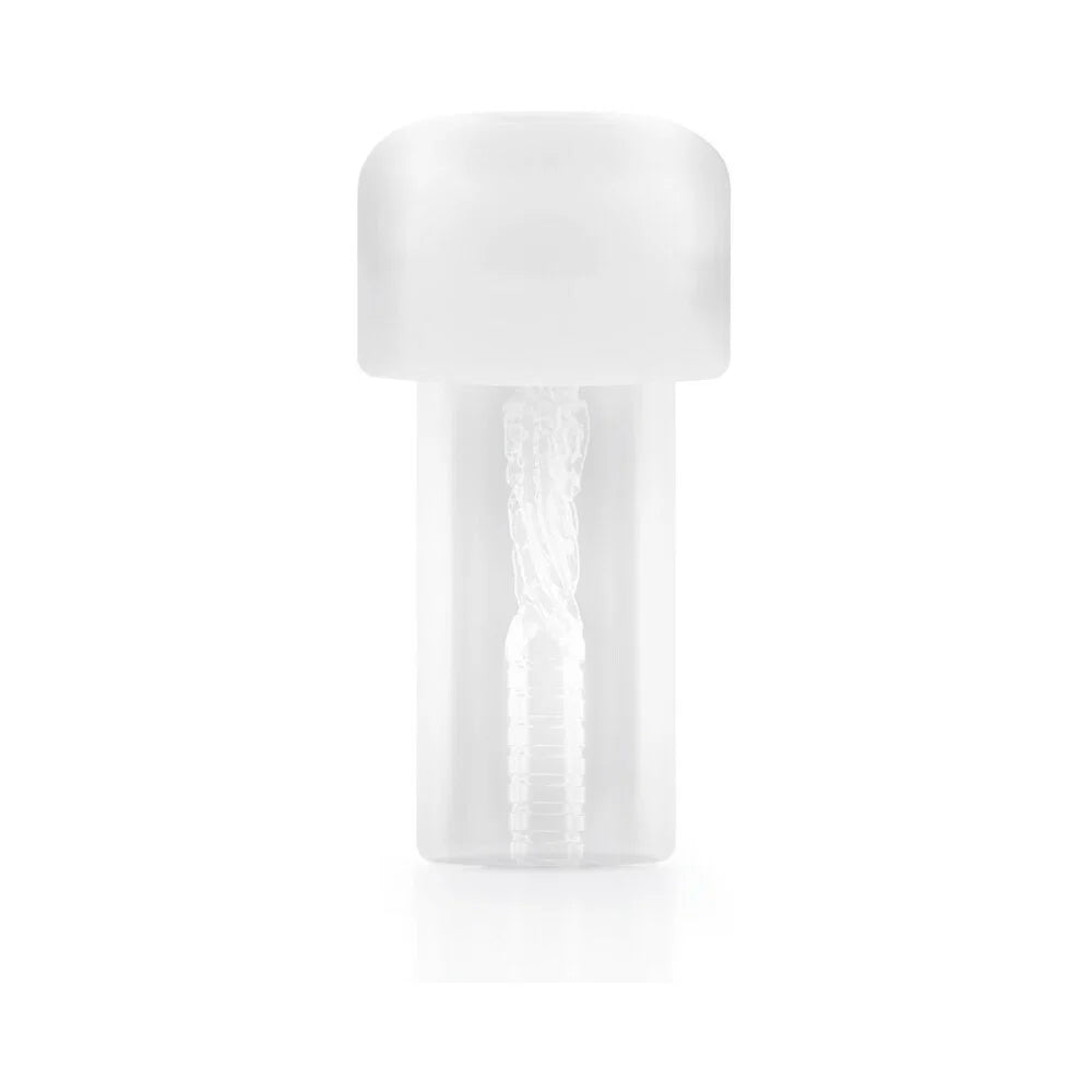 A translucent white sleeve that fits inside the Performance  with a rounded top and ribbed cylindrical base.