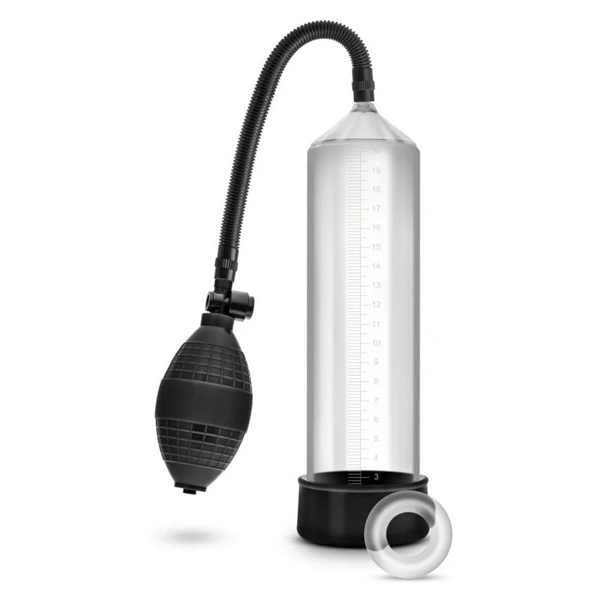 Black and clear pump with flexible hose on a white background