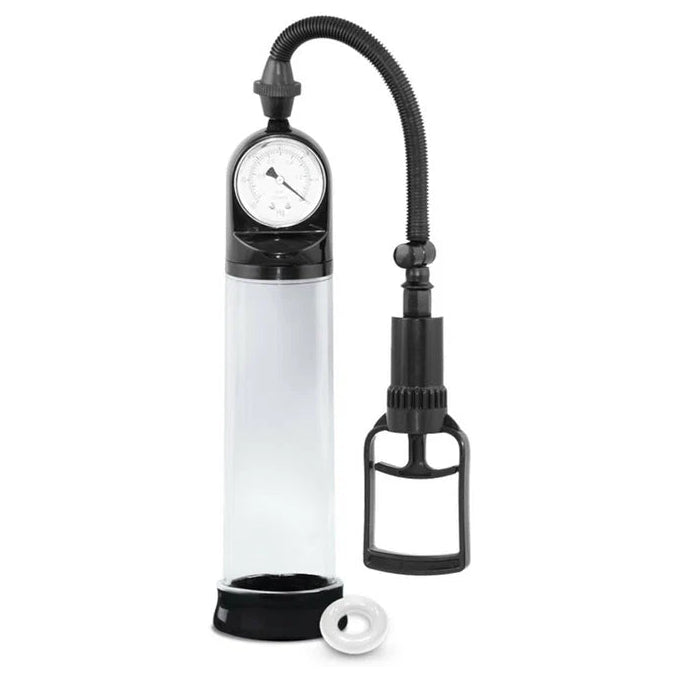 A manual penis pump with a clear cylindrical chamber, black pump handle, flexible black hose.