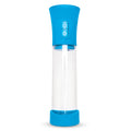 A portable electric penis pump with a bright blue textured top cap featuring power and reset buttons, a clear cylindrical body, and a matching blue base.
