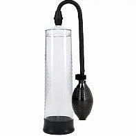 Clear plastic pump with black rubber bulb on a white background