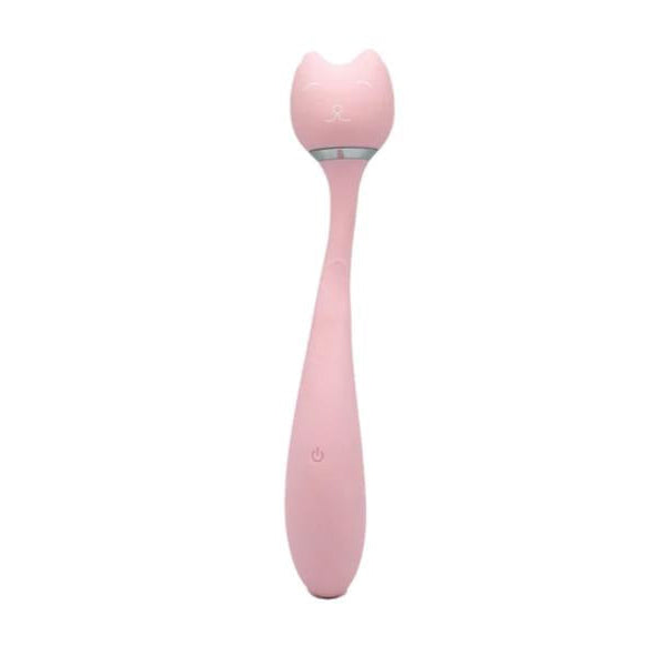 A thin, 8.25 inch massage want with a head that is little kitten ears.