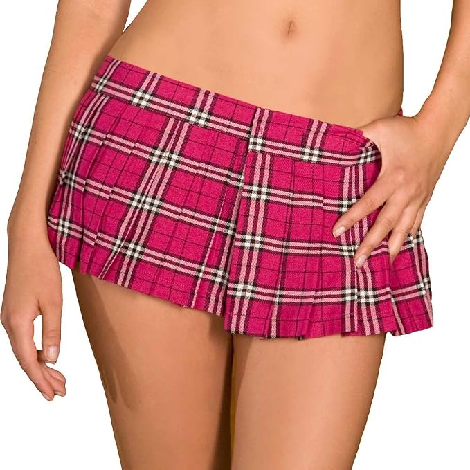A close-up of a model wearing a bright pink pleated mini skirt with a white and black plaid pattern, shown against a plain white background.