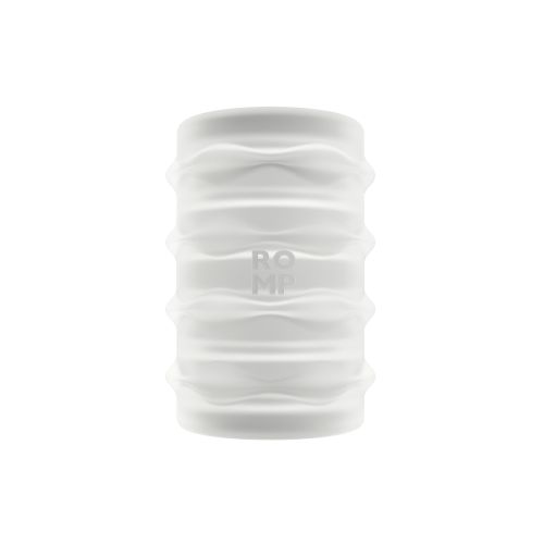A white textured silicone sleeve with horizontal ridges and a debossed 'ROMP' logo in the center, isolated on a solid white background.