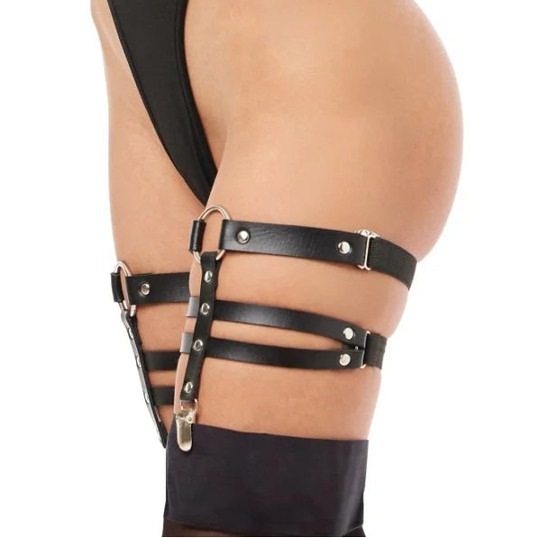 Black faux leather and elastic garters with clips to hold stockings.