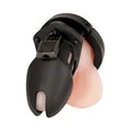 A silicone cage with a large slit at the tip and a lock at the top of the base.