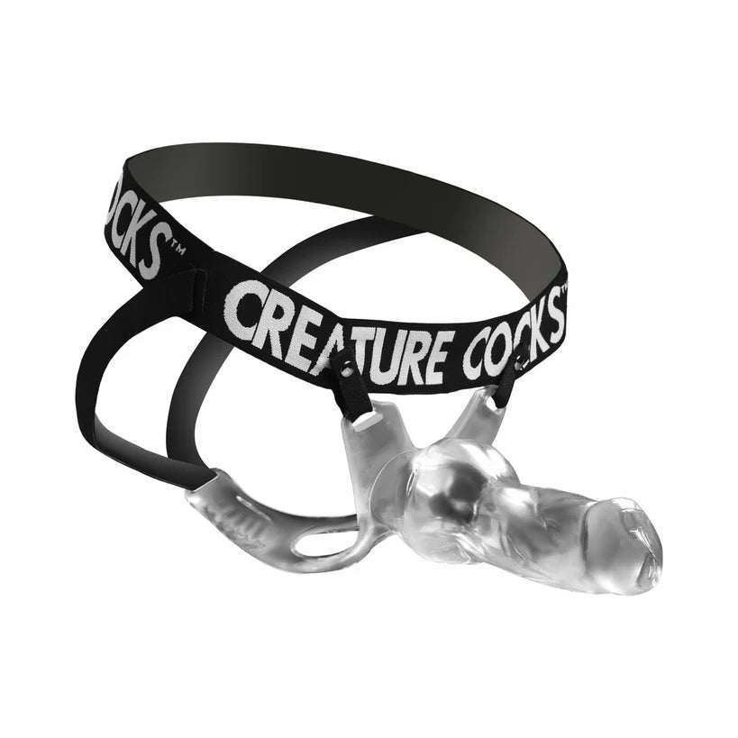 A jock style strap on harness with a clear, hollow fantasy dildo attached.