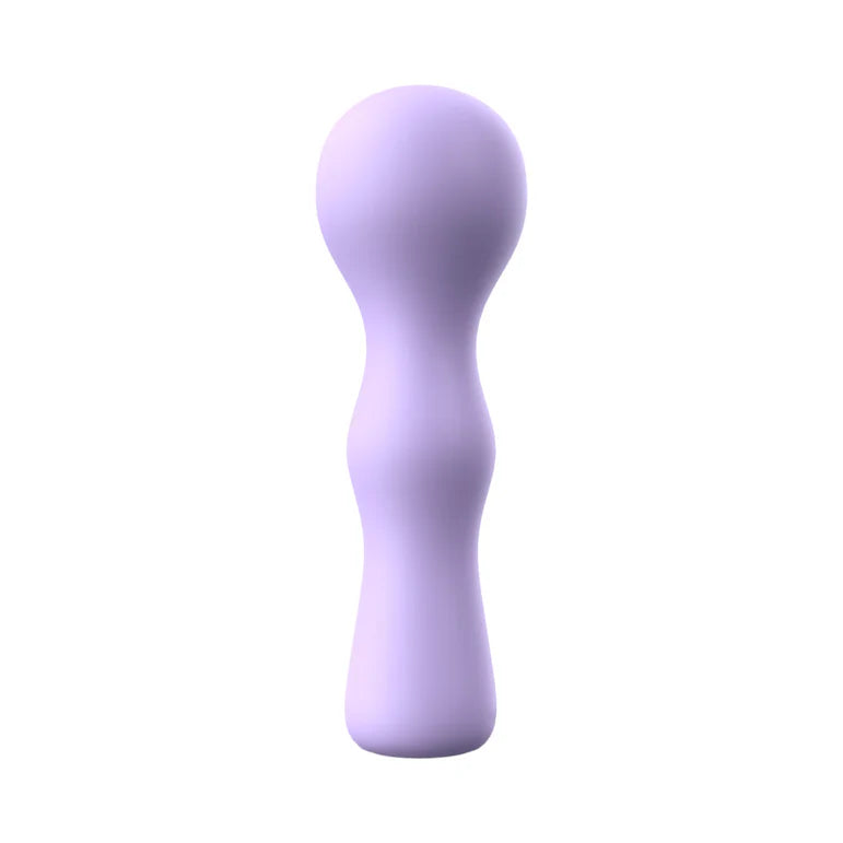 A small massage wand with a bulbous head and a wavy handle that makes it easy to hold.