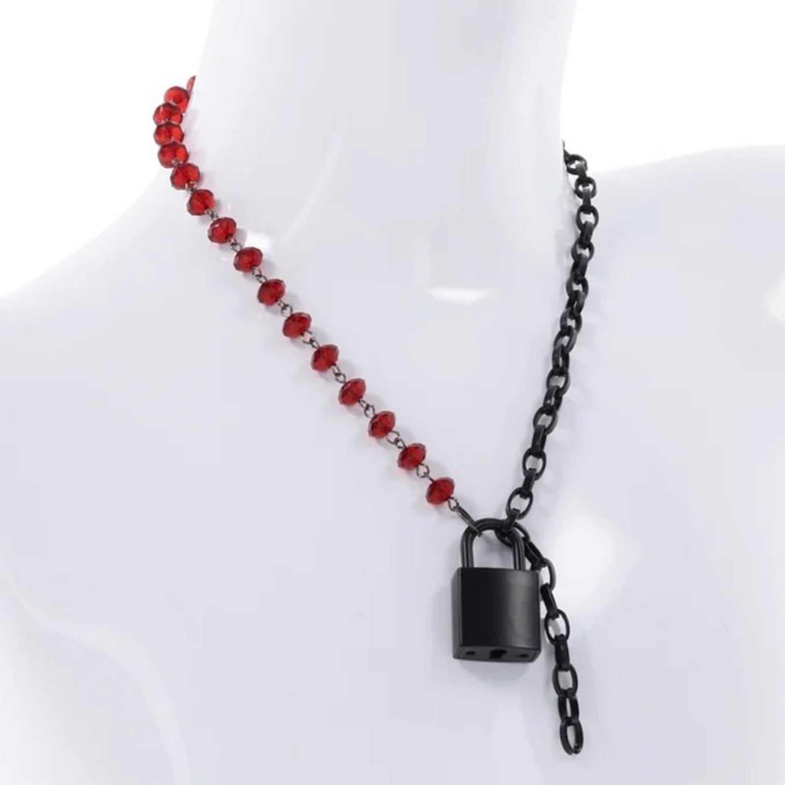 Shown on a mannequin's neck, with the small black padlock connecting the two ends of the necklace.