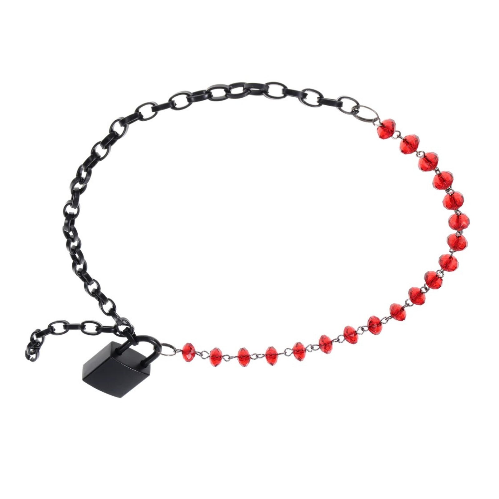 Adjustable choker necklace, one side black chain links and the other red crystal beads. 