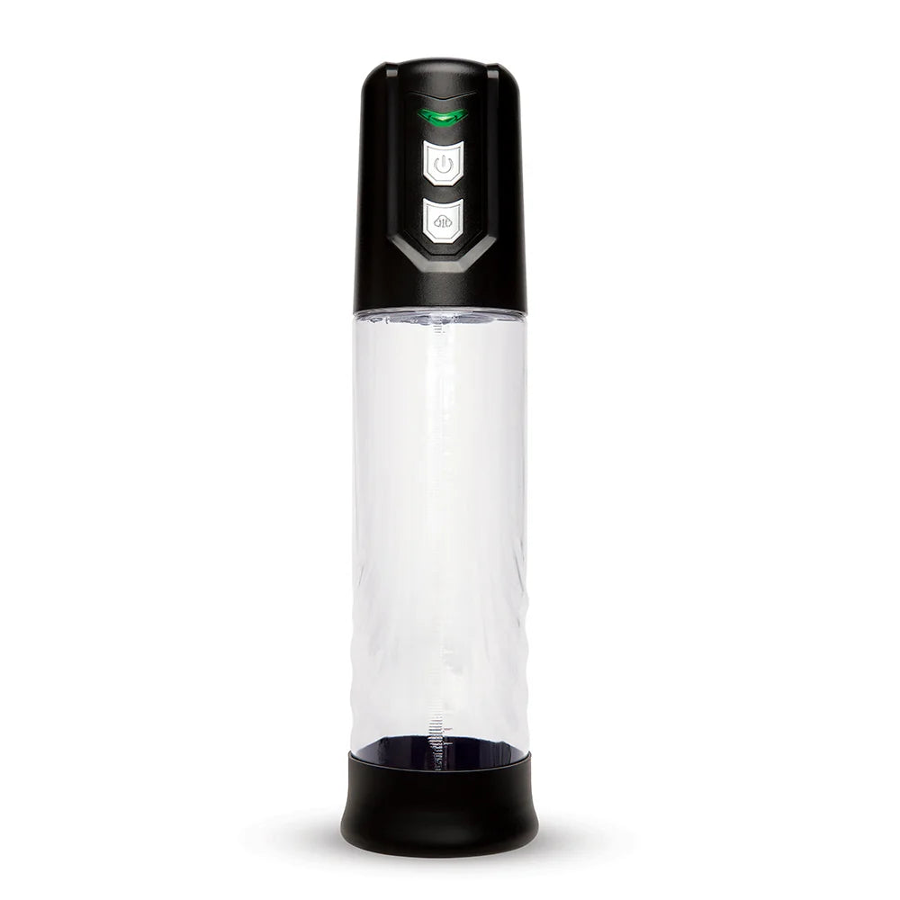 An electric pump with a clear plastic cylinder body, and a control panel with buttons on top.