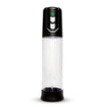 An electric pump with a clear plastic cylinder body, and a control panel with buttons on top.