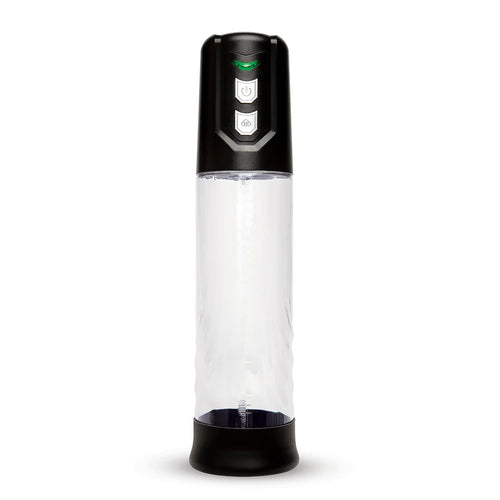 An electric pump with a clear plastic cylinder body, and a control panel with buttons on top.