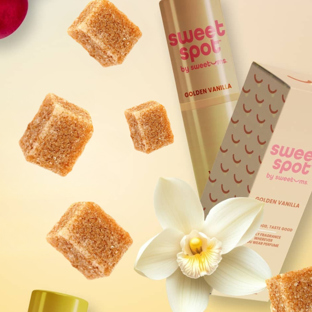 Sweet spot by sweetums Golden Vanilla product with brown sugar cubes and an orchid on a light yellow background