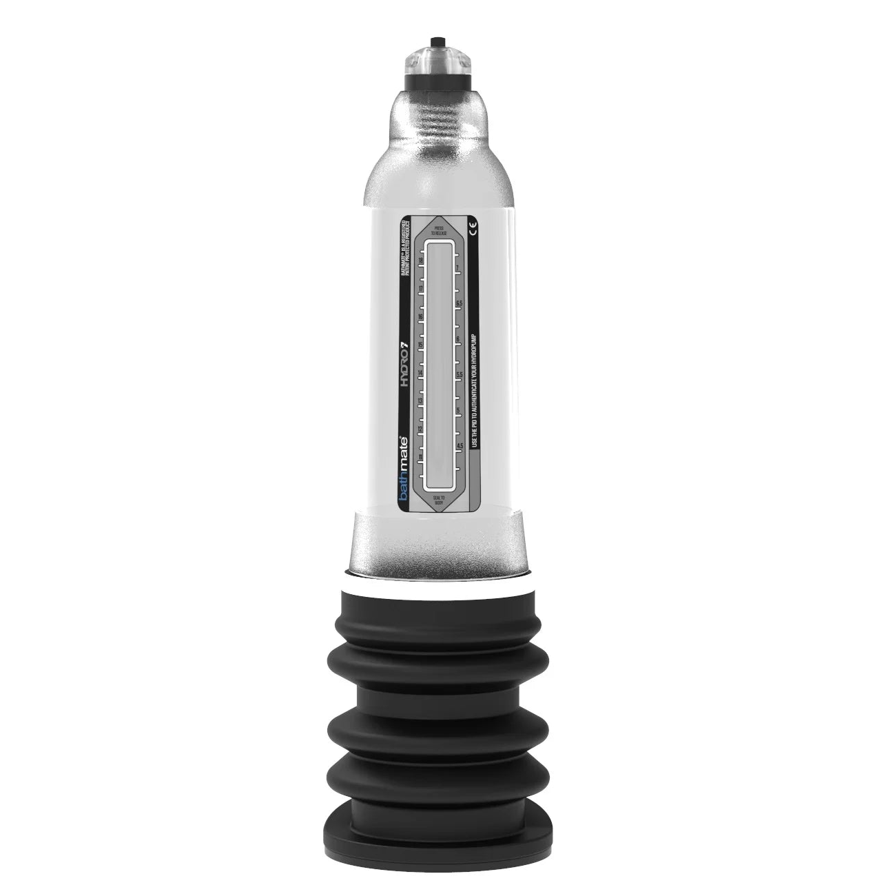 Pump with a clear cylinder and black base. 