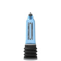A transparent light blue cylindrical pump with a black ribbed base and a small metallic top.