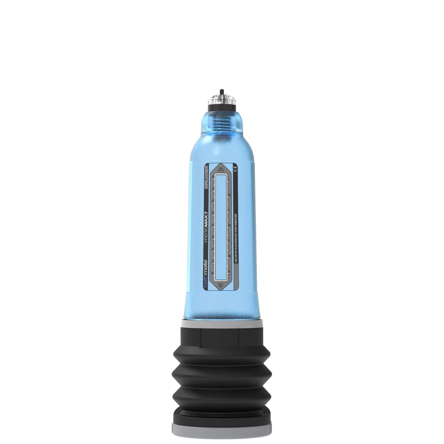 A transparent light blue cylindrical pump with a black ribbed base and a small metallic top.