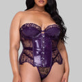 Woman wearing a purple lace lingerie set on a white background