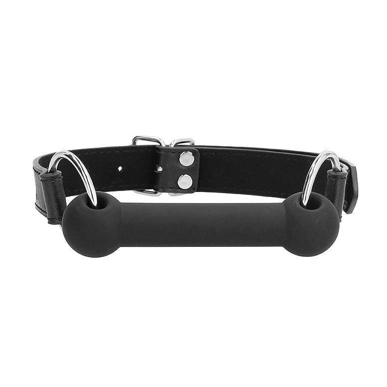 A silicone bit, that is wide and slim. Looks like a horses bit. Leather strap and silver buckle.