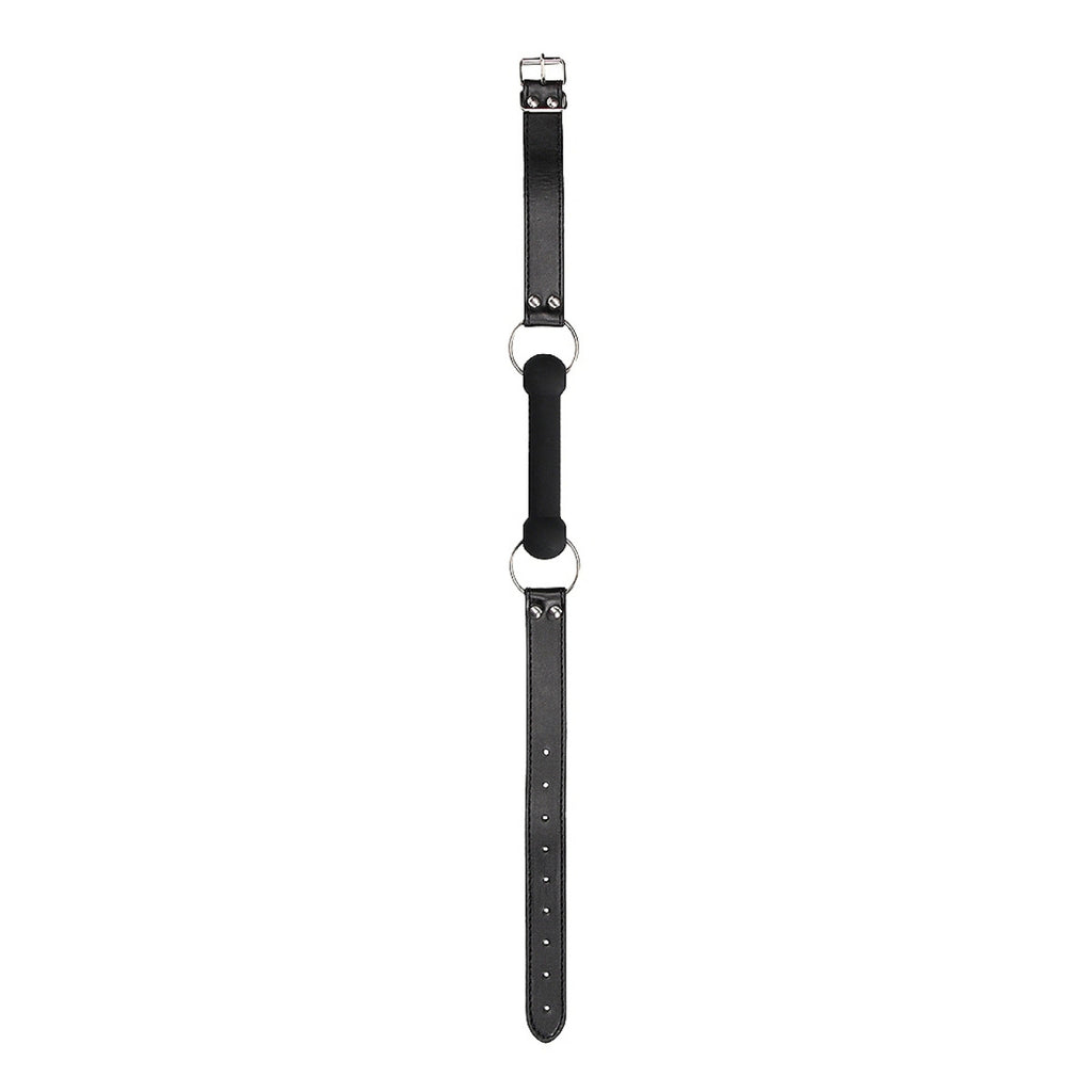 A silicone bit, that is wide and slim. Looks like a horses bit. Leather strap and silver buckle.