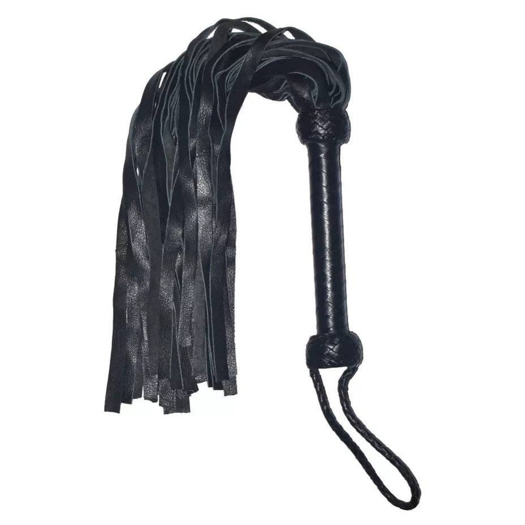 Black leather flogger with a curved shaft, multiple hanging leather strips, and a looped wrist strap, shown on a plain white background.