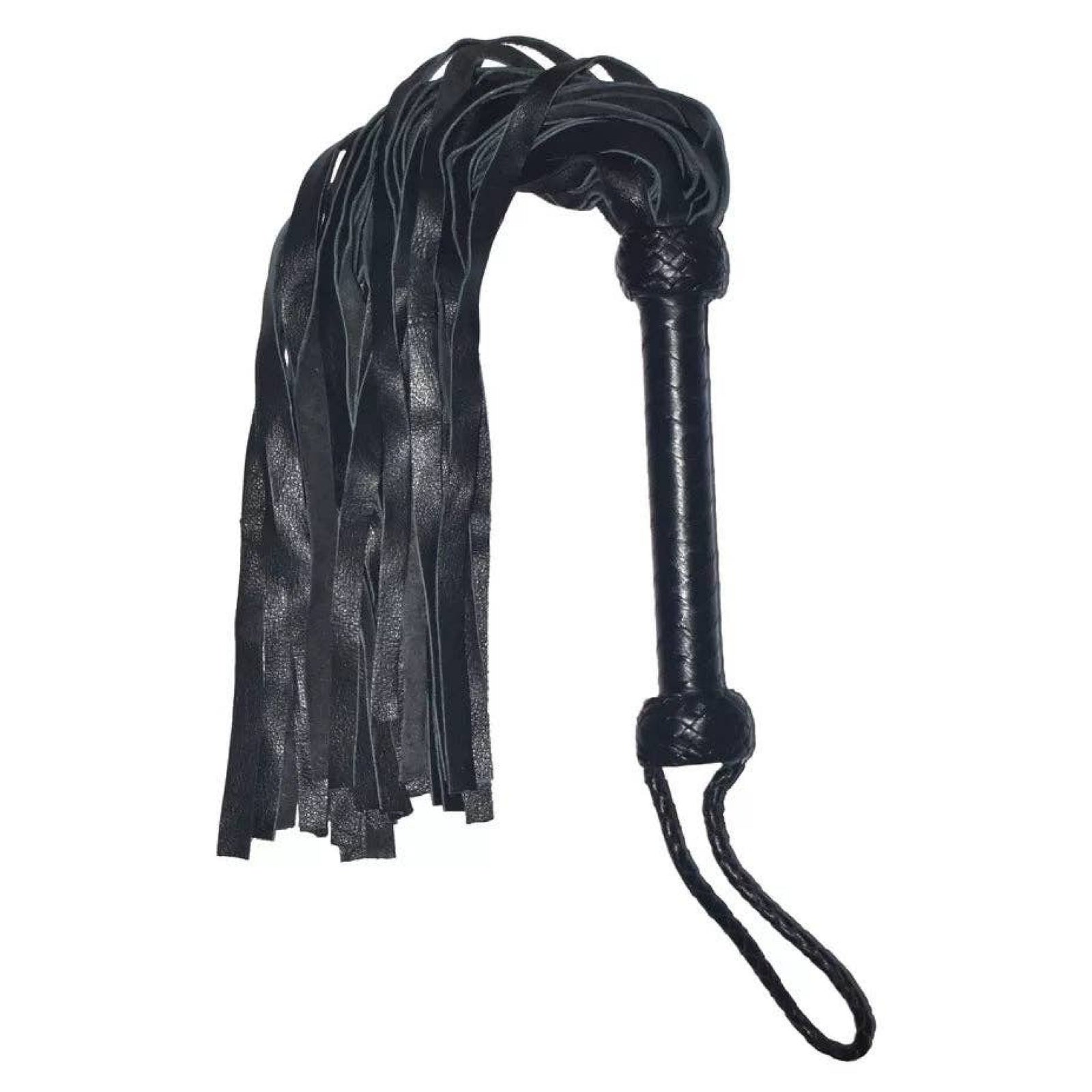 Black leather flogger with a curved shaft, multiple hanging leather strips, and a looped wrist strap, shown on a plain white background.