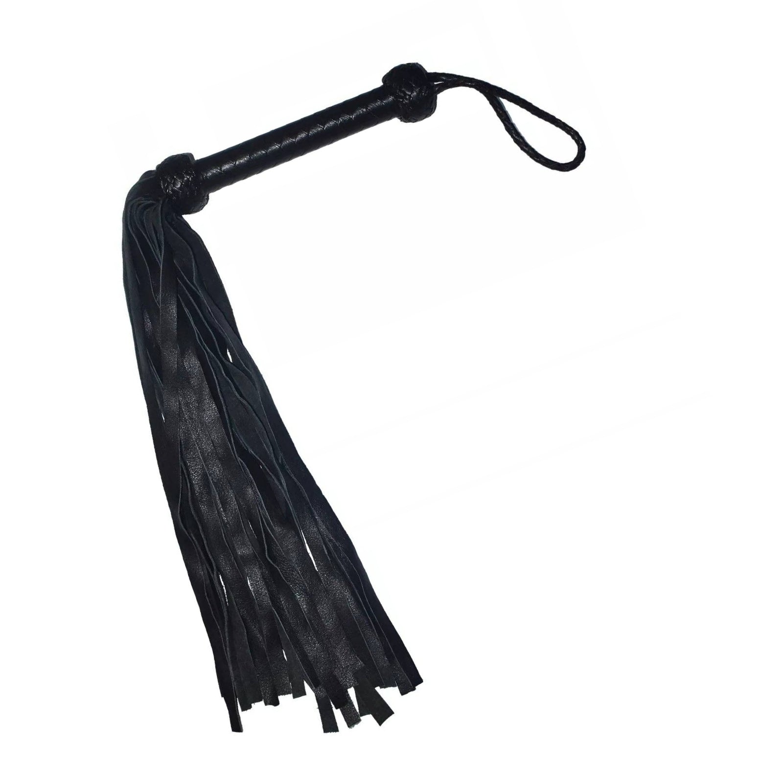 Black leather flogger with a textured handle, a wrist loop, and a long fringe tassel, shown on a plain white background.