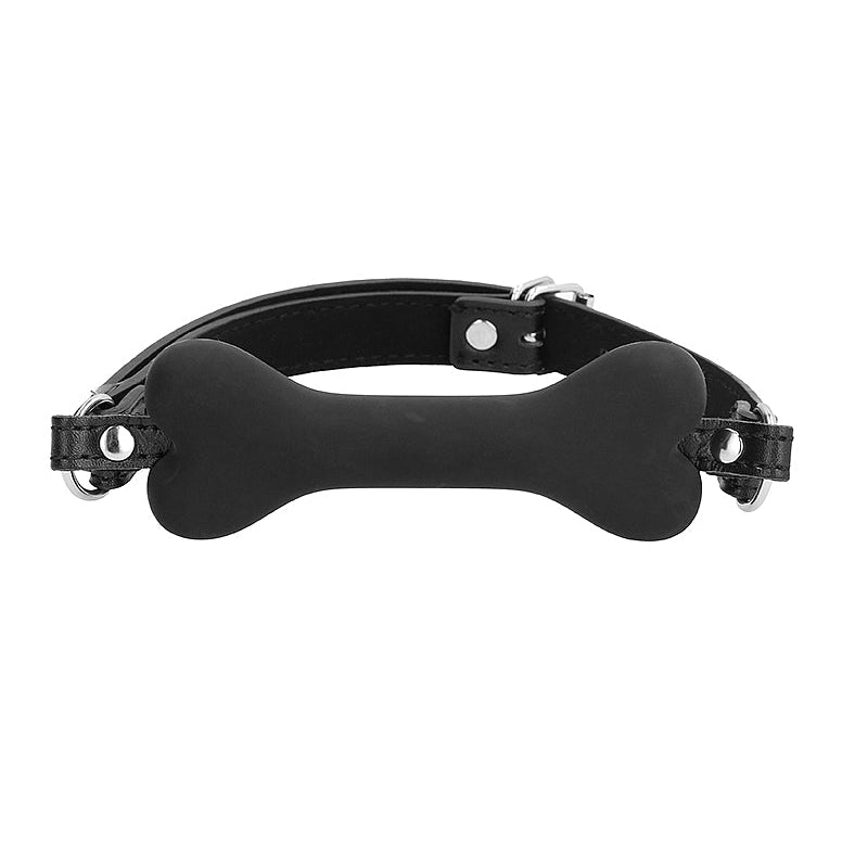 Black bone shaped bit gag with leather straps and a silver buckle. 