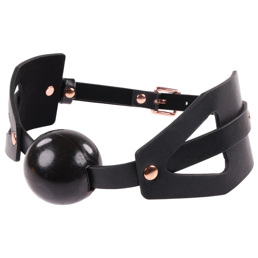 Black, elegant. faux leather gag with two side panels that give it a lattice look. Rose gold buckle and rivets.