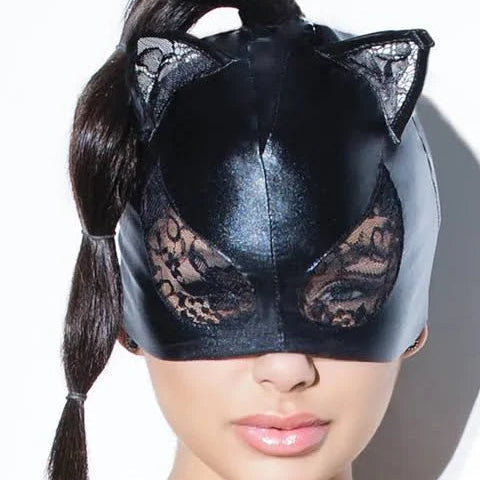 A black wet-look mask that covers the top of your head, starting at the bridge of your nose. Cute lace ears.