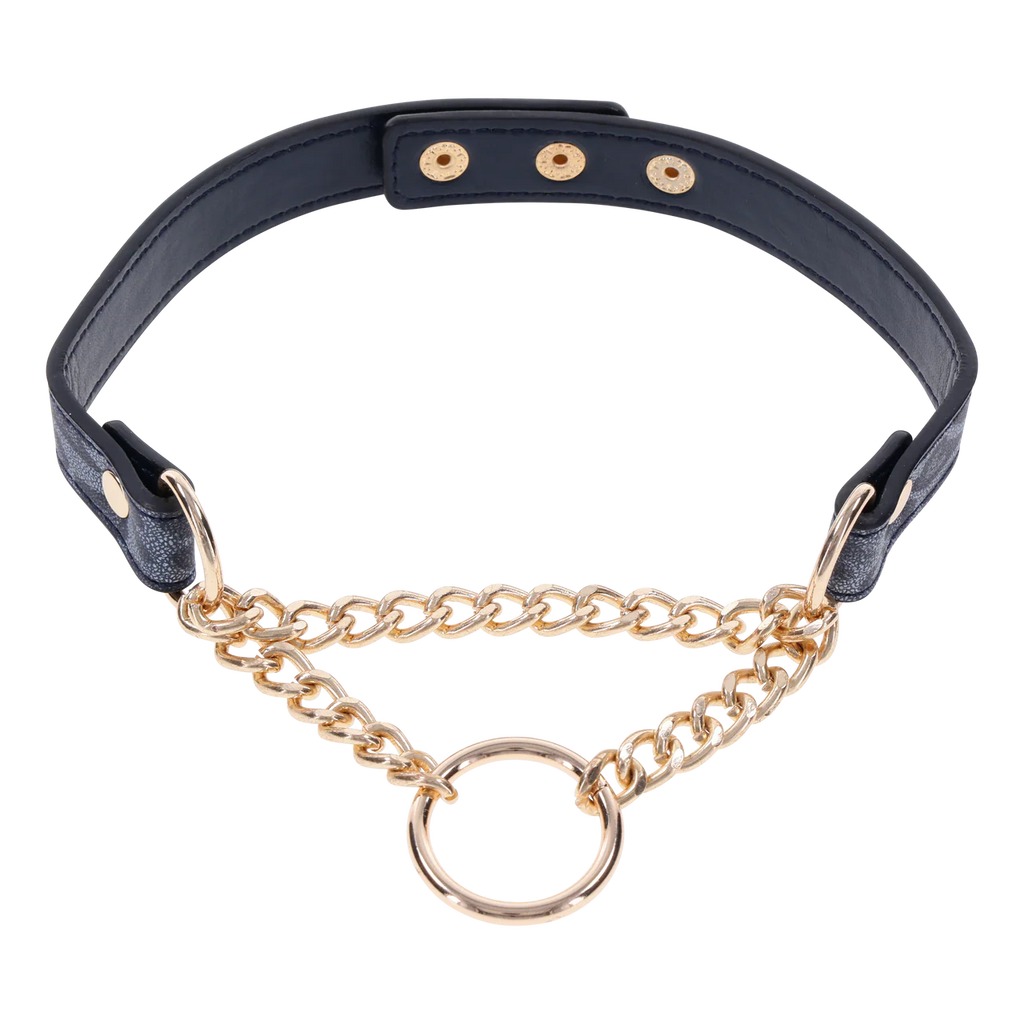 Deep blue and cougar print faux leather collar with gold chain at the collar bones and snap closure.