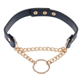 Deep blue and cougar print faux leather collar with gold chain at the collar bones and snap closure.