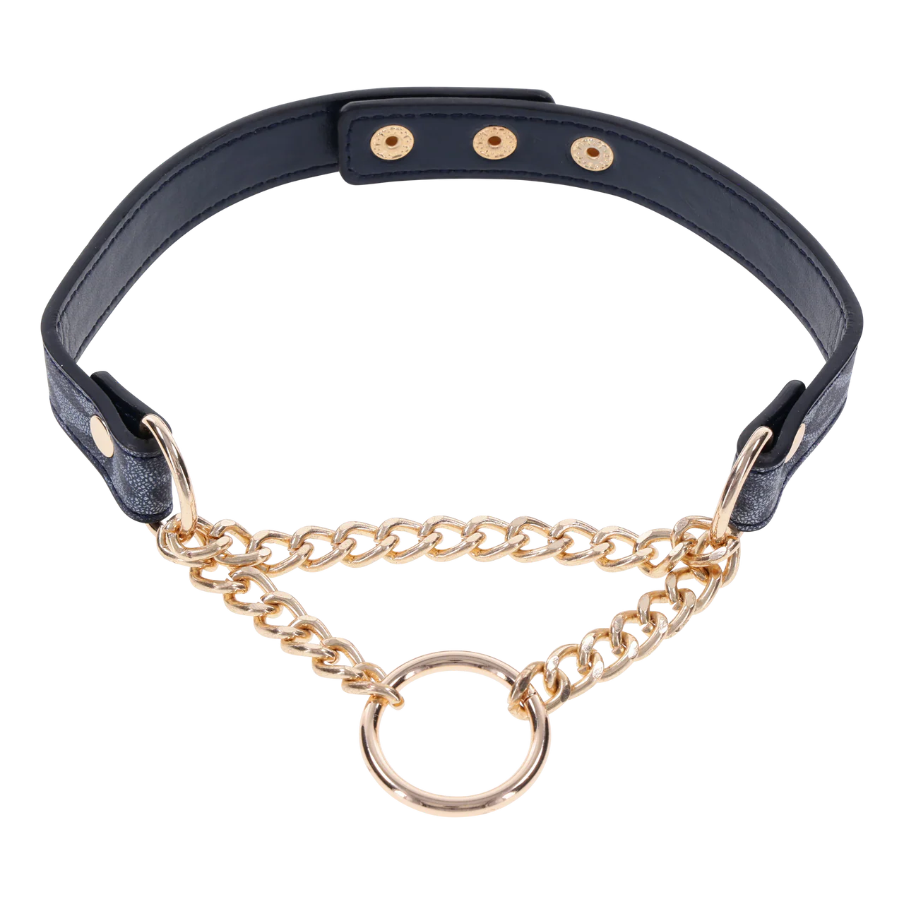 Deep blue and cougar print faux leather collar with gold chain at the collar bones and snap closure.