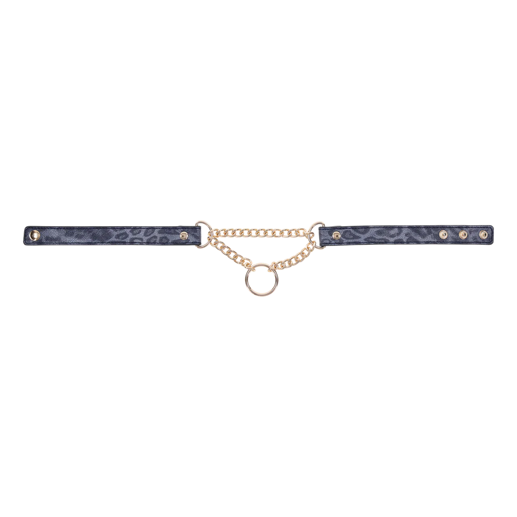 Deep blue and cougar print faux leather collar with gold chain at the collar bones and snap closure.