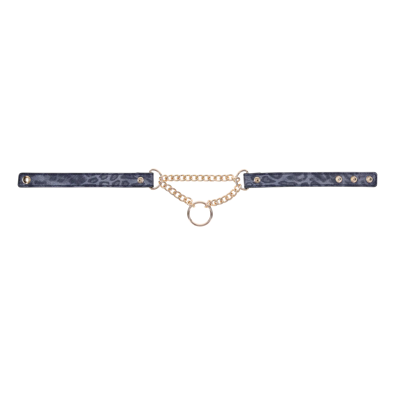 Deep blue and cougar print faux leather collar with gold chain at the collar bones and snap closure.
