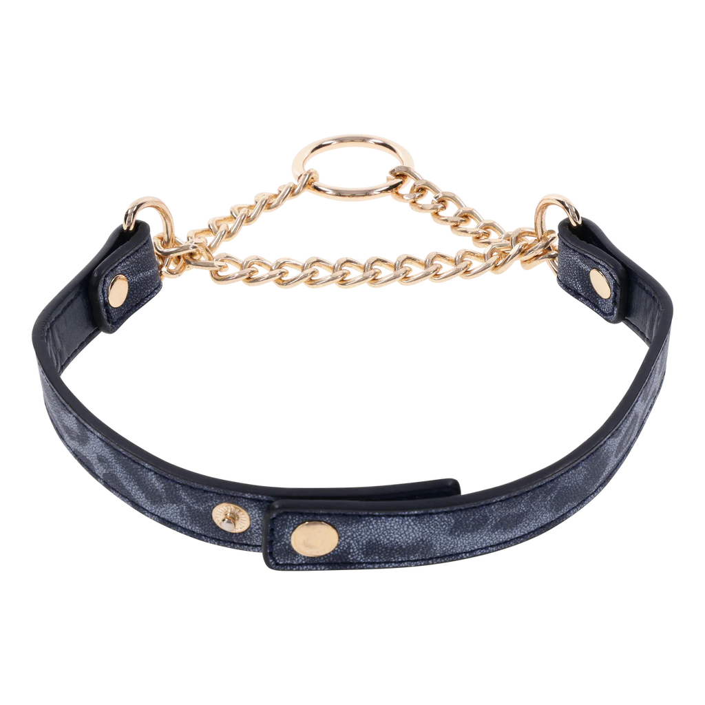 Deep blue and cougar print faux leather collar with gold chain at the collar bones and snap closure.