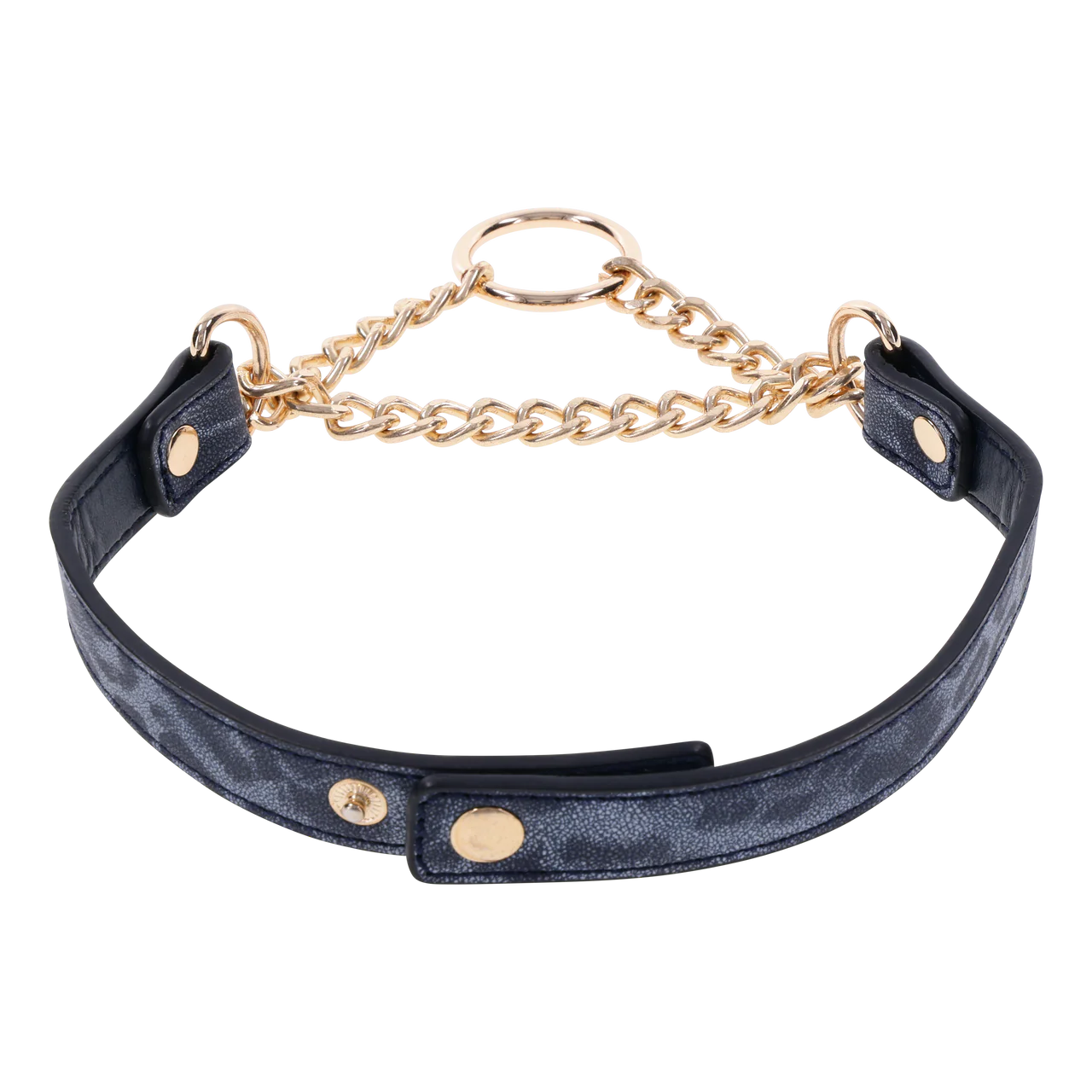 Deep blue and cougar print faux leather collar with gold chain at the collar bones and snap closure.