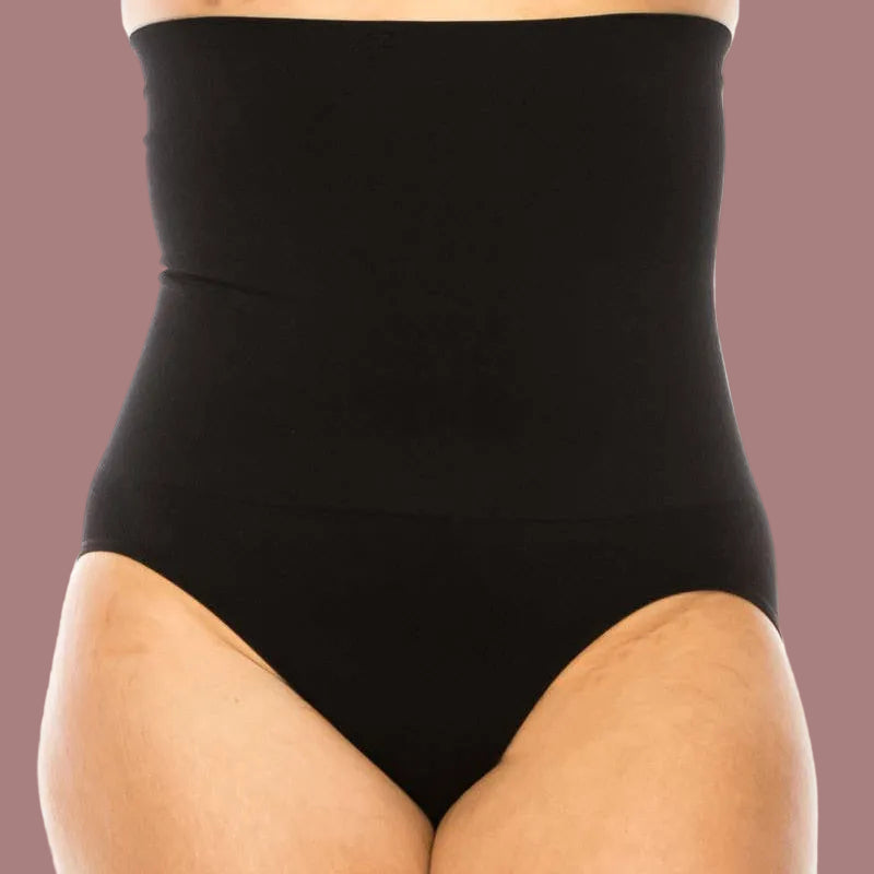 Black high-waisted briefs shown on a model from the waist to upper thighs against a plain white background.