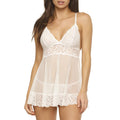 White babydoll with a high empire waist made of soft, stretchy lace. Lace trim at the hem and lined lace cups.