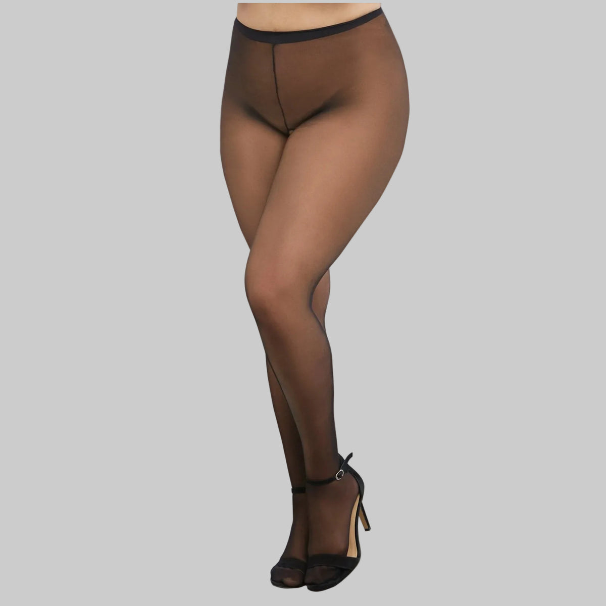 Sheer black panyhose with open crotch.