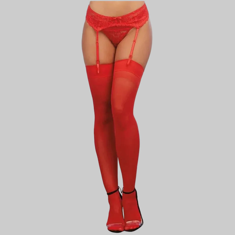 Sheer Thigh-High Stockings with Back Seam - Red