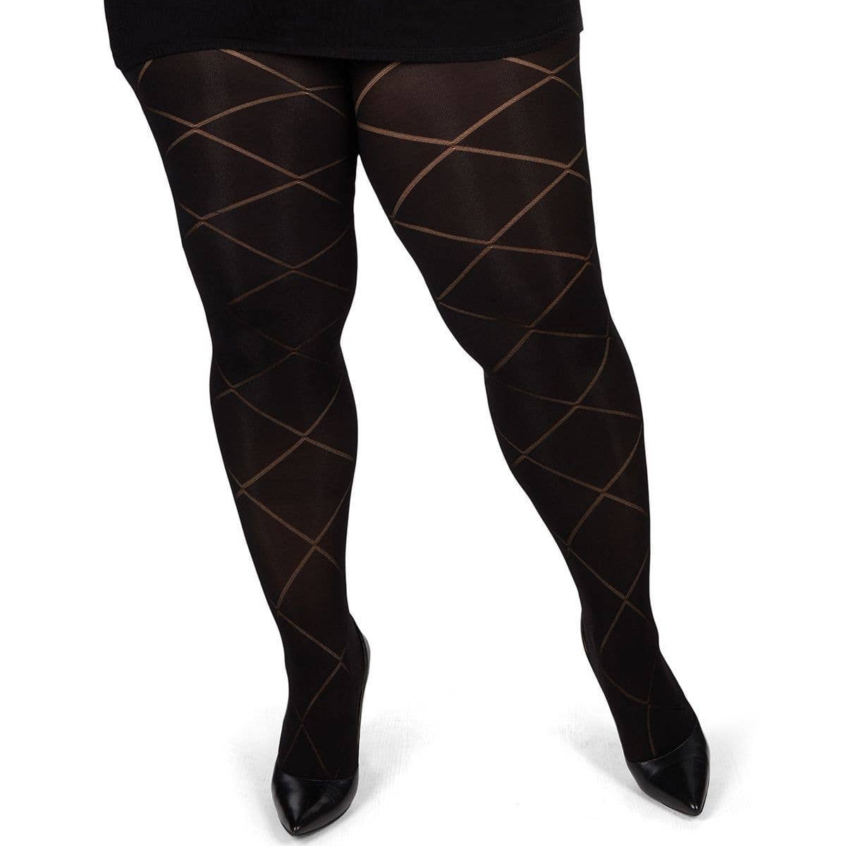 Black tights with a diamond pattern worn by a person on a white background
