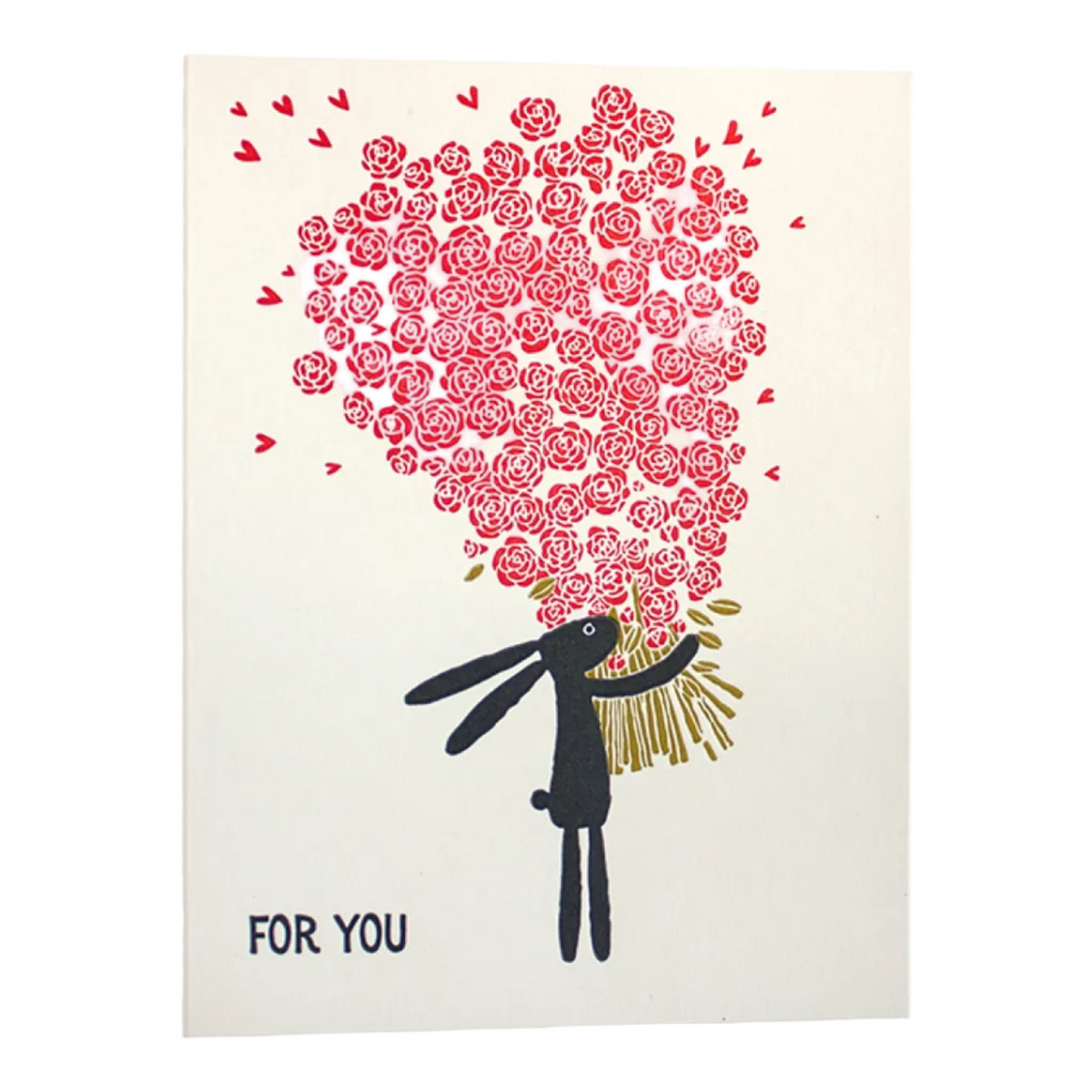 Letterpress printed card with a rabbit holding a heart-shaped bouquet of roses on a light gray background.