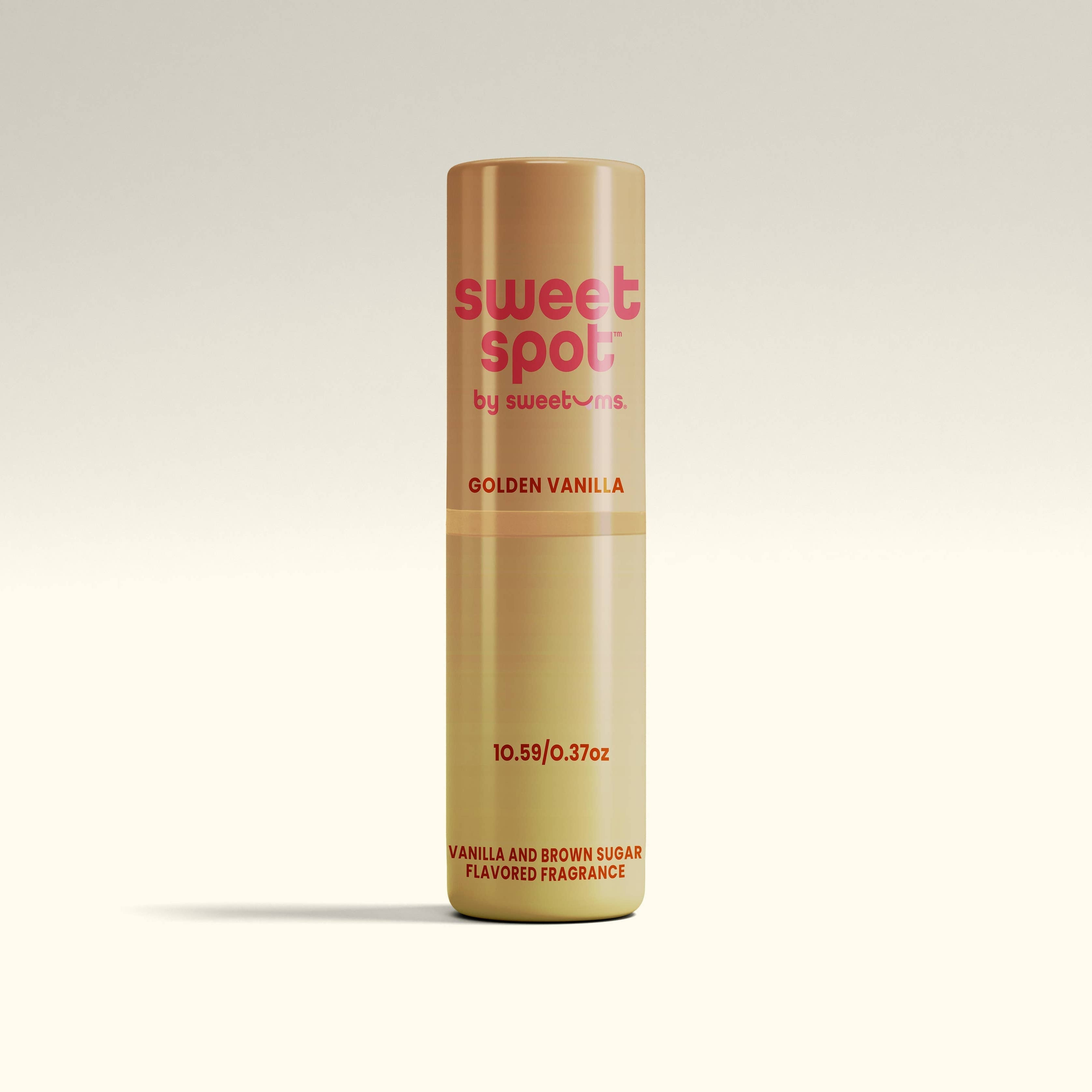 Cylindrical container labeled 'sweet spot by sweet spot' with 'Golden Vanilla' on a light gray background