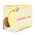 Box of sweetums intimate wipes with pineapple and coconut imagery on a white background