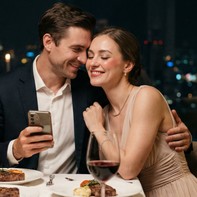 Couple at a dinner table with a cityscape in the background