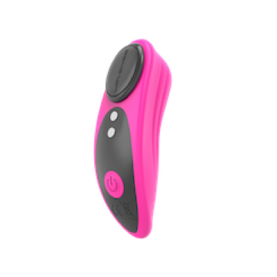A bright pink, narrow, palm length vibe with a little round magnet to attach it to your panties.